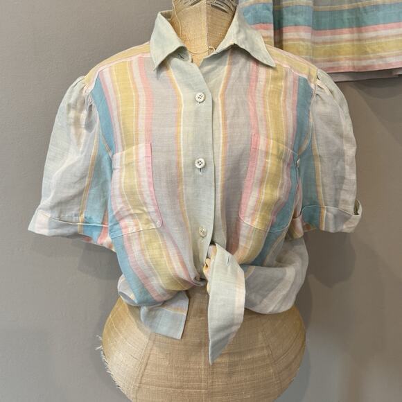 Vintage Linen Silk Skirt‎ Set Women XS Pastel Stripe Anne Crimmins Umi Coastal - Picture 3 of 15